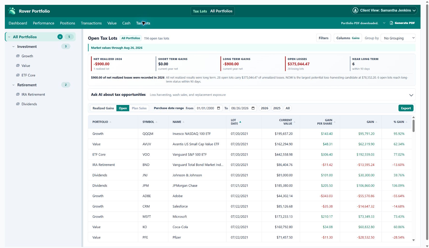 Rover Portfolio open Tax Lots view showing holding periods, gains and losses, and the Plan Sales workflow